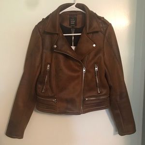 Zara Faux Suede Moto Jacket in Brandy